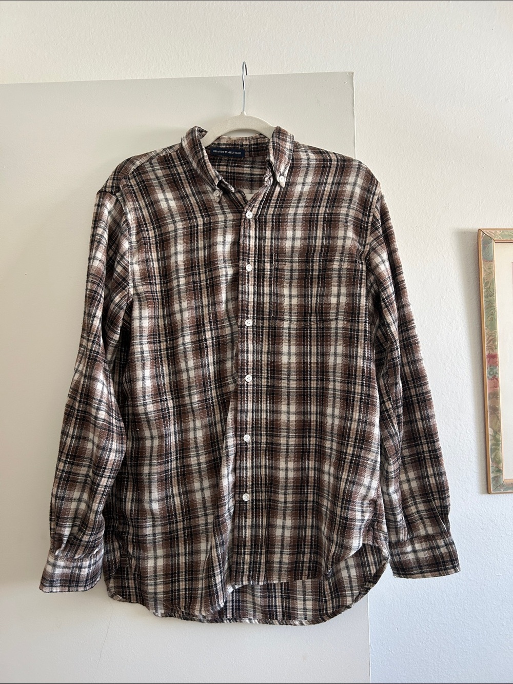 Brandy Melville Brown and White Plaid Button-Up Shirt